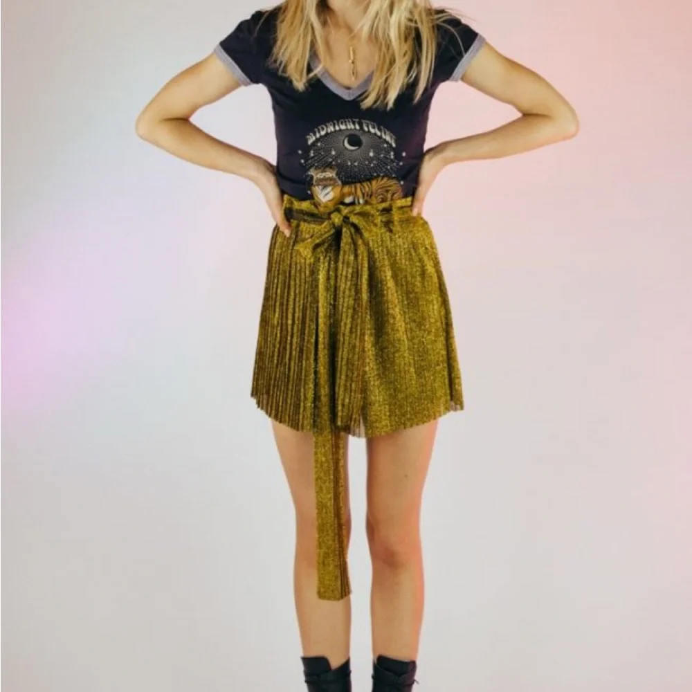 Lenni Pleated Gold Lurex Mini Skirt - Picture 1 of 5